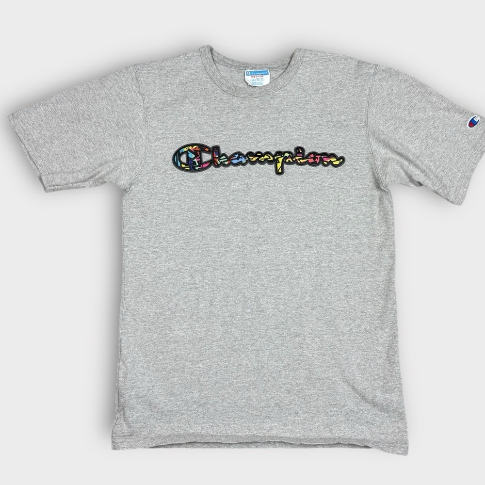 Champion Mens T-Shirt Medium Gray Colorful Graffiti Script Logo Short Sleeve Tee
